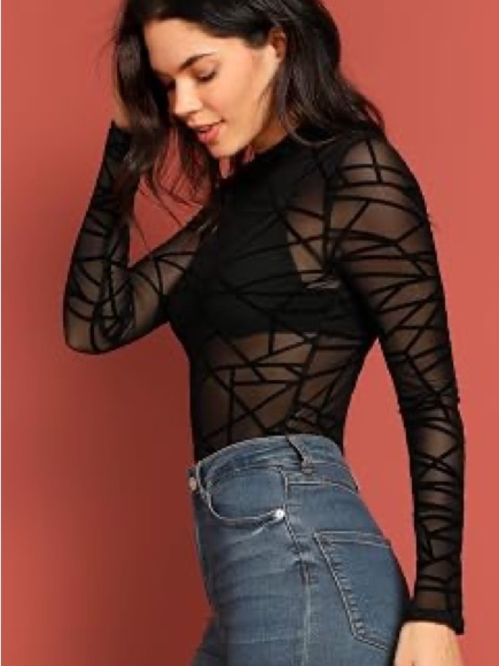 Women Black Sheer Mesh Geometric Velvet Burnout Top Festival Rave Goth 1X